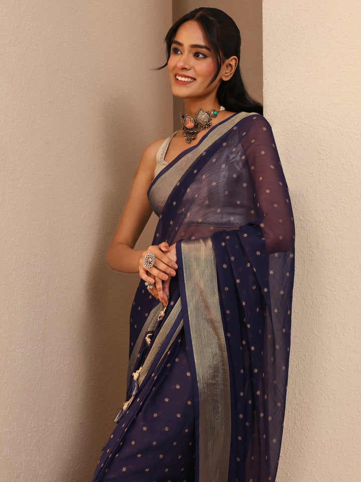 Libas Navy Blue Floral Printed Georgette Pre-Draped Saree