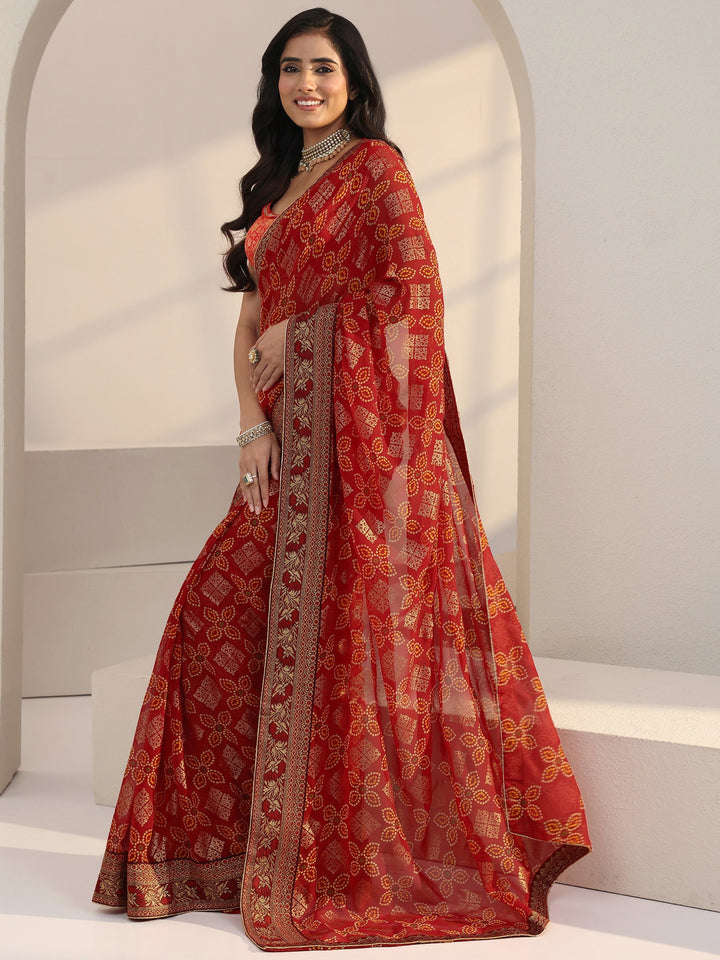 Libas Red Bandhani Print Pre Draped Georgette Saree
