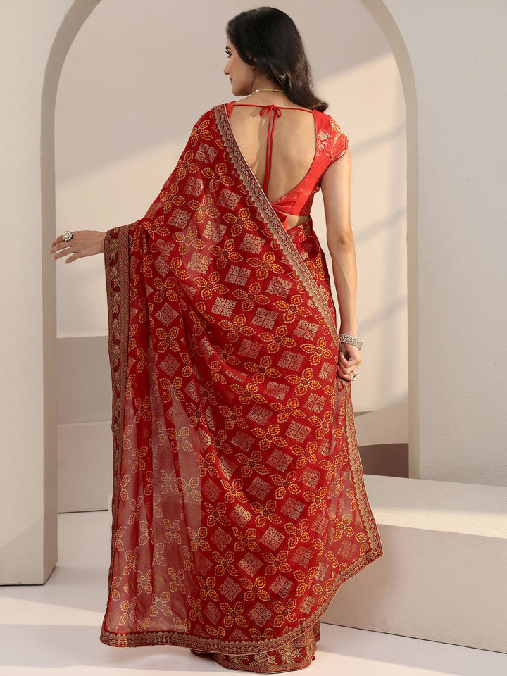 Libas Red Bandhani Print Pre Draped Georgette Saree