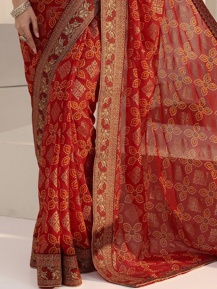 Libas Red Bandhani Print Pre Draped Georgette Saree