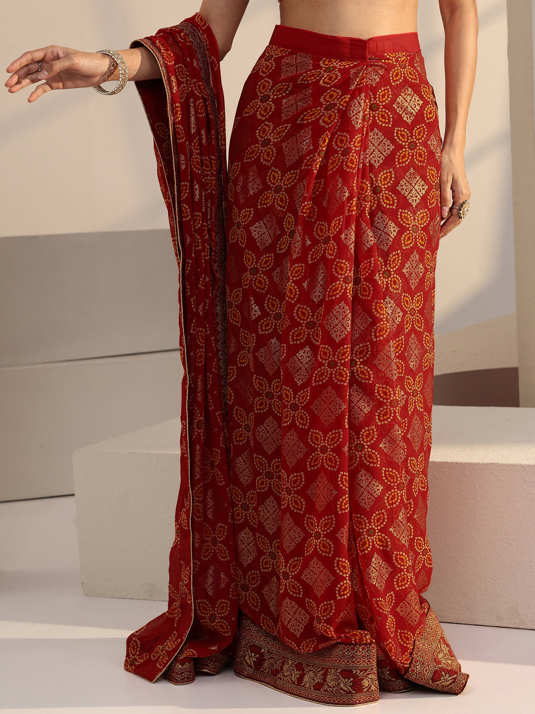 Libas Red Bandhani Print Pre Draped Georgette Saree