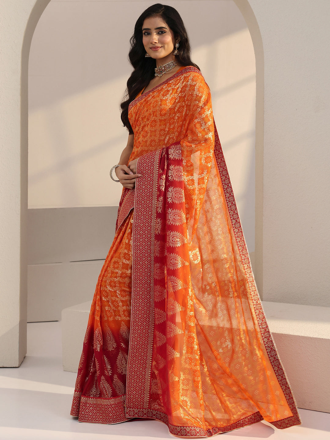 Libas Ombre Orange aand Red Printed Pre Draped Georgette Saree