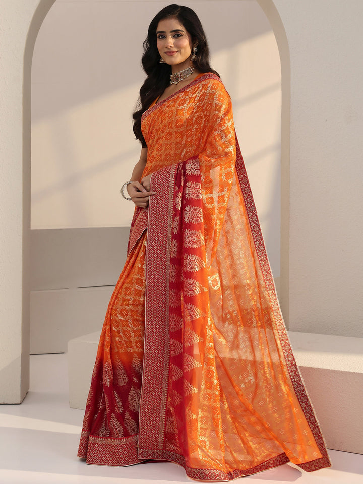 Libas Ombre Orange aand Red Printed Pre Draped Georgette Saree