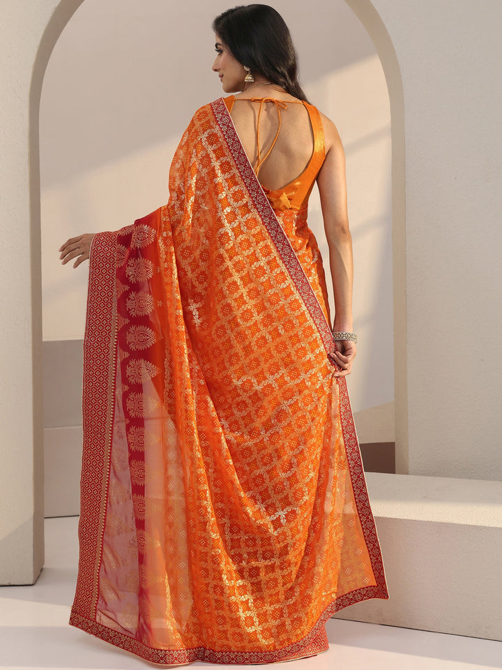 Libas Ombre Orange aand Red Printed Pre Draped Georgette Saree