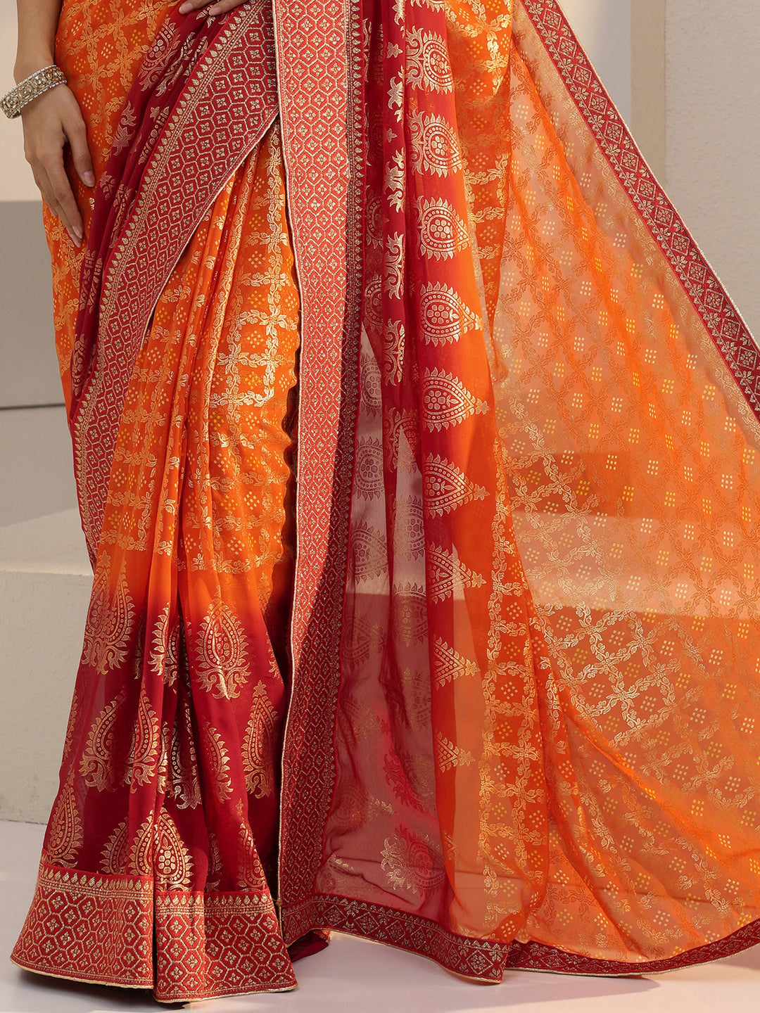 Libas Ombre Orange aand Red Printed Pre Draped Georgette Saree