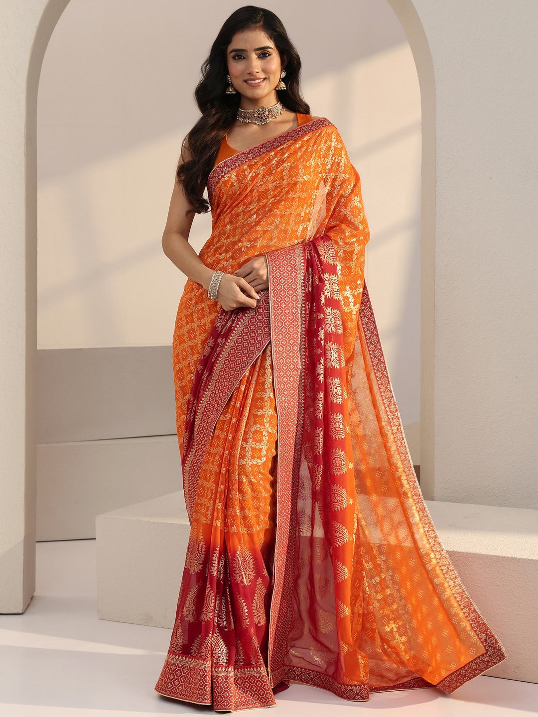 Libas Ombre Orange aand Red Printed Pre Draped Georgette Saree