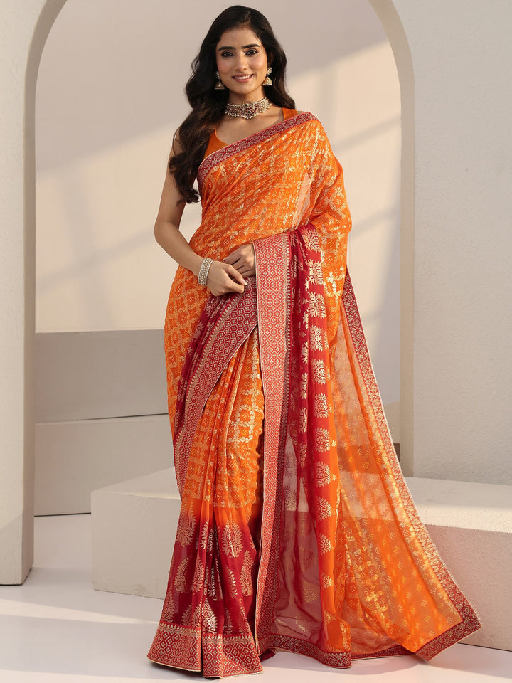 Libas Ombre Orange aand Red Printed Pre Draped Georgette Saree