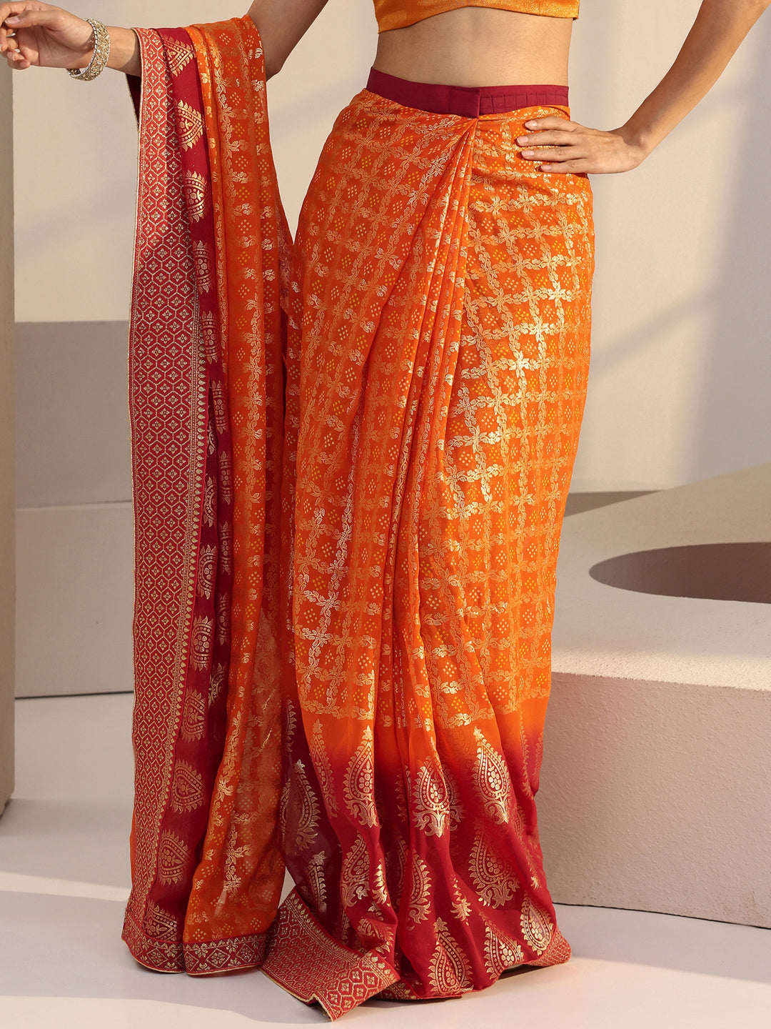 Libas Ombre Orange aand Red Printed Pre Draped Georgette Saree