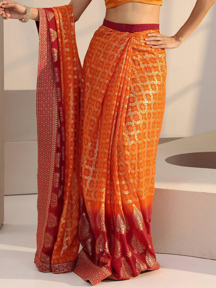 Libas Ombre Orange aand Red Printed Pre Draped Georgette Saree