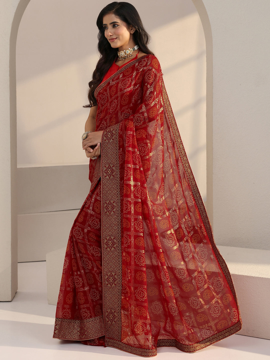 Libas Red Bandhani Printed Georgette Pre Draped Saree