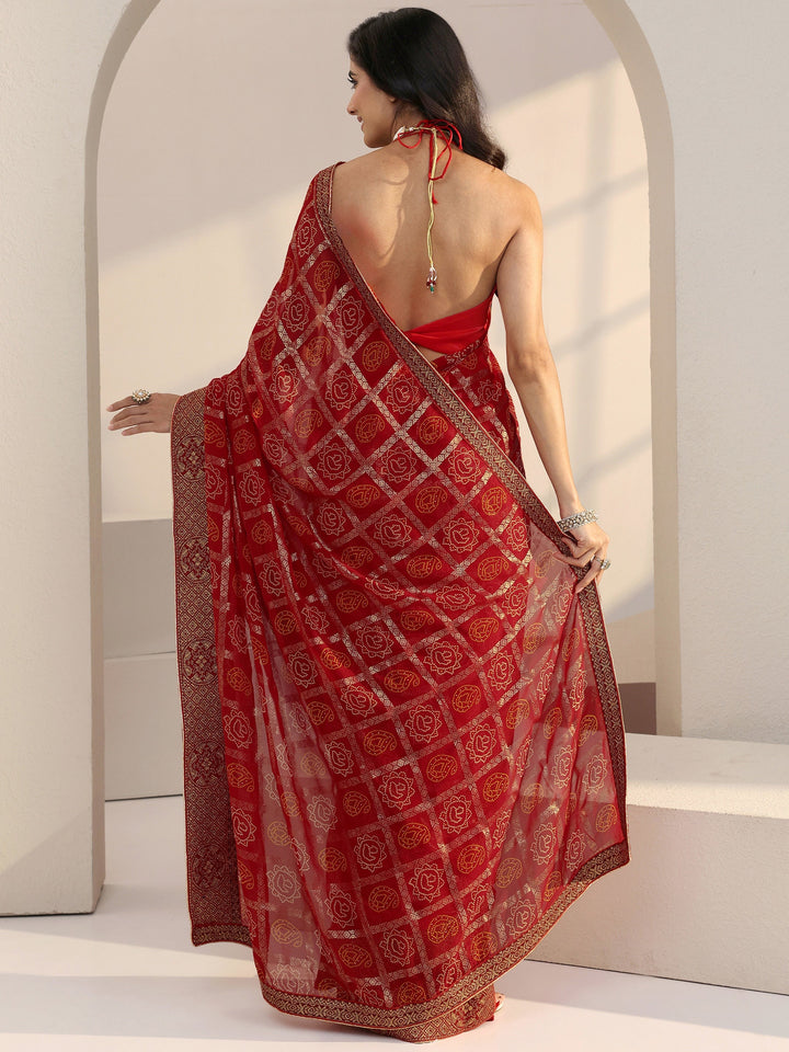 Libas Red Bandhani Printed Georgette Pre Draped Saree