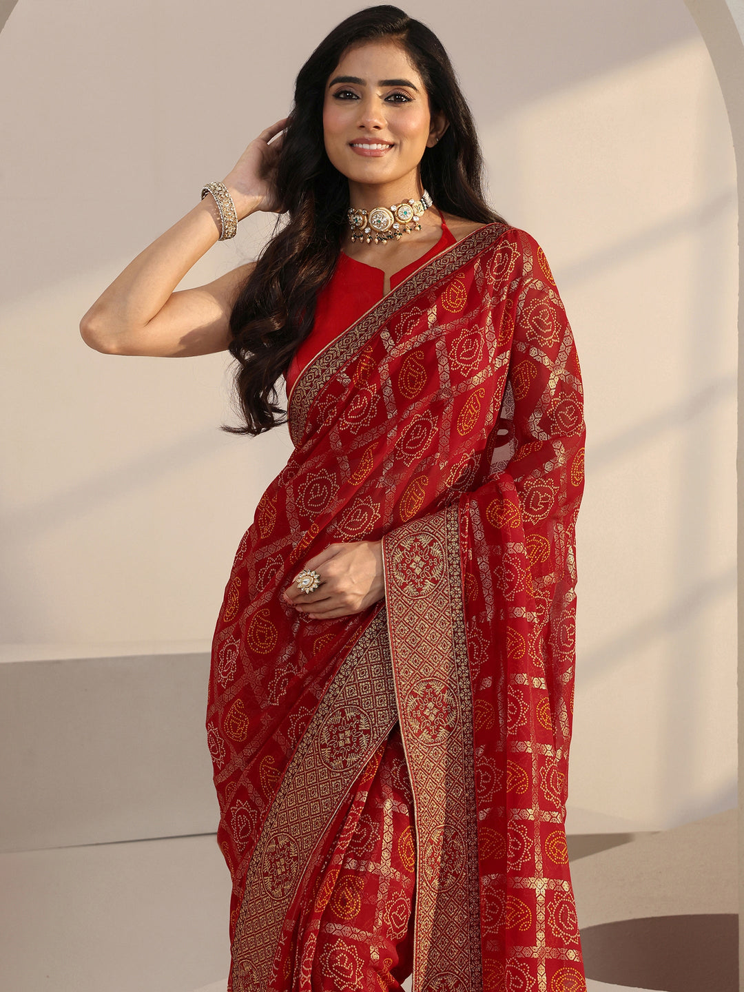 Libas Red Bandhani Printed Georgette Pre Draped Saree