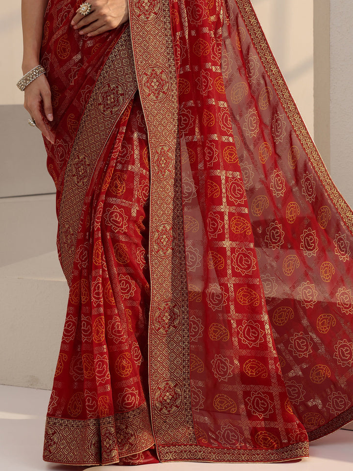 Libas Red Bandhani Printed Georgette Pre Draped Saree