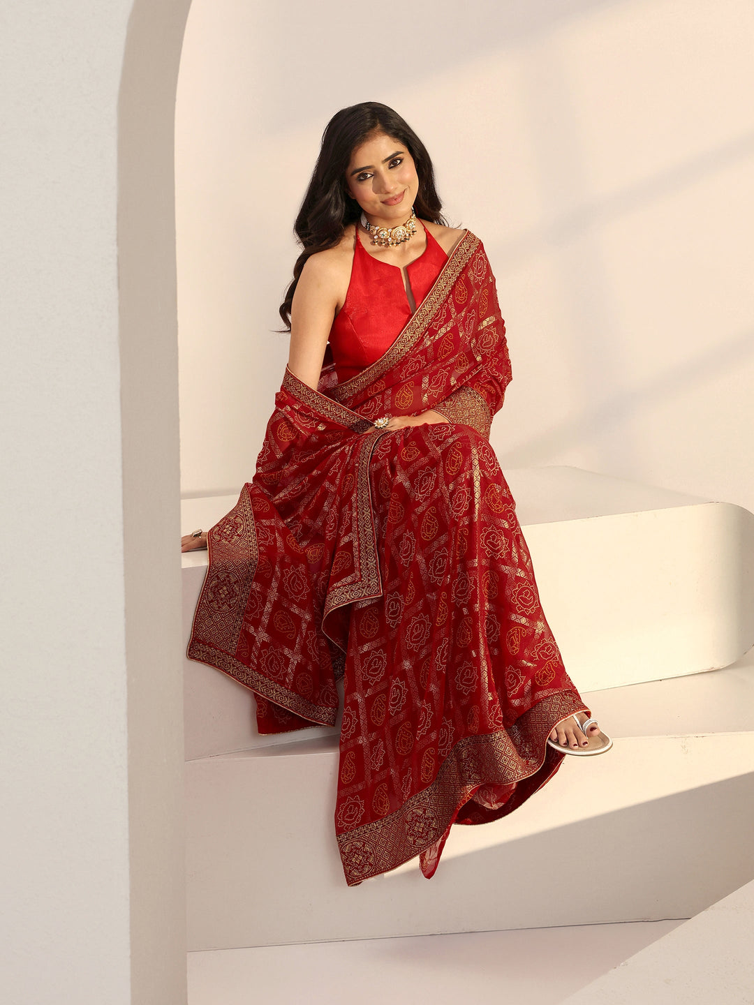 Libas Red Bandhani Printed Georgette Pre Draped Saree