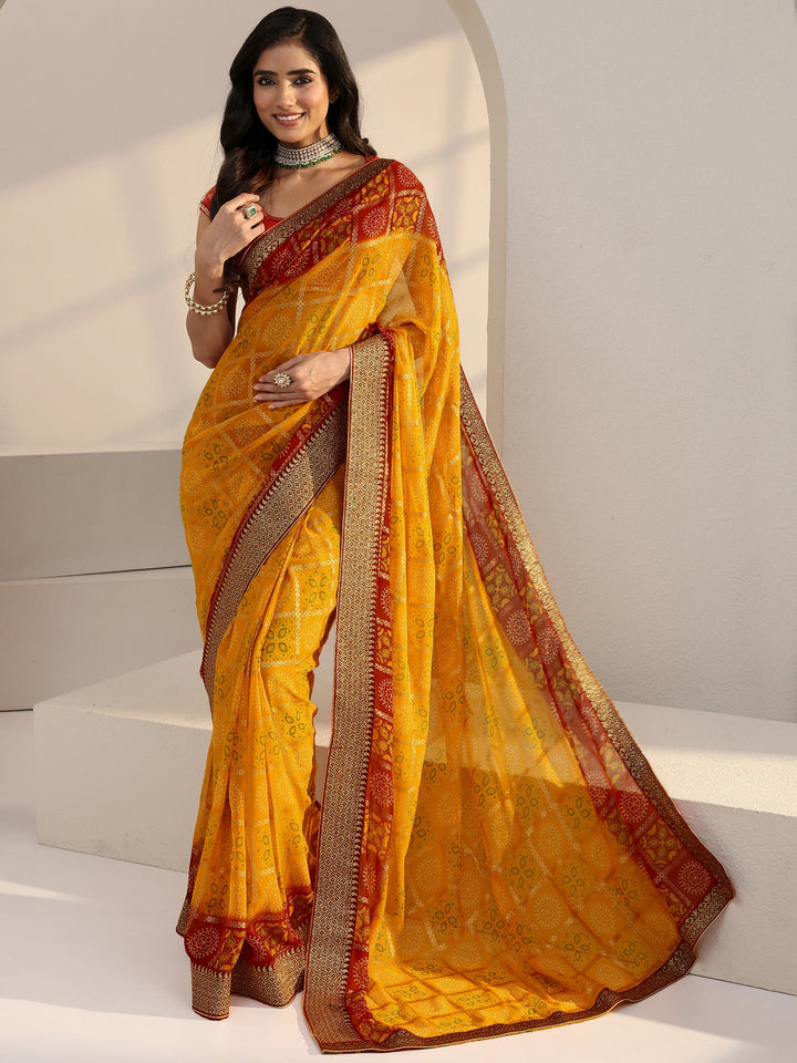 Libas Mustard Ethnic Motif Printed Georgette Pre Draped Saree