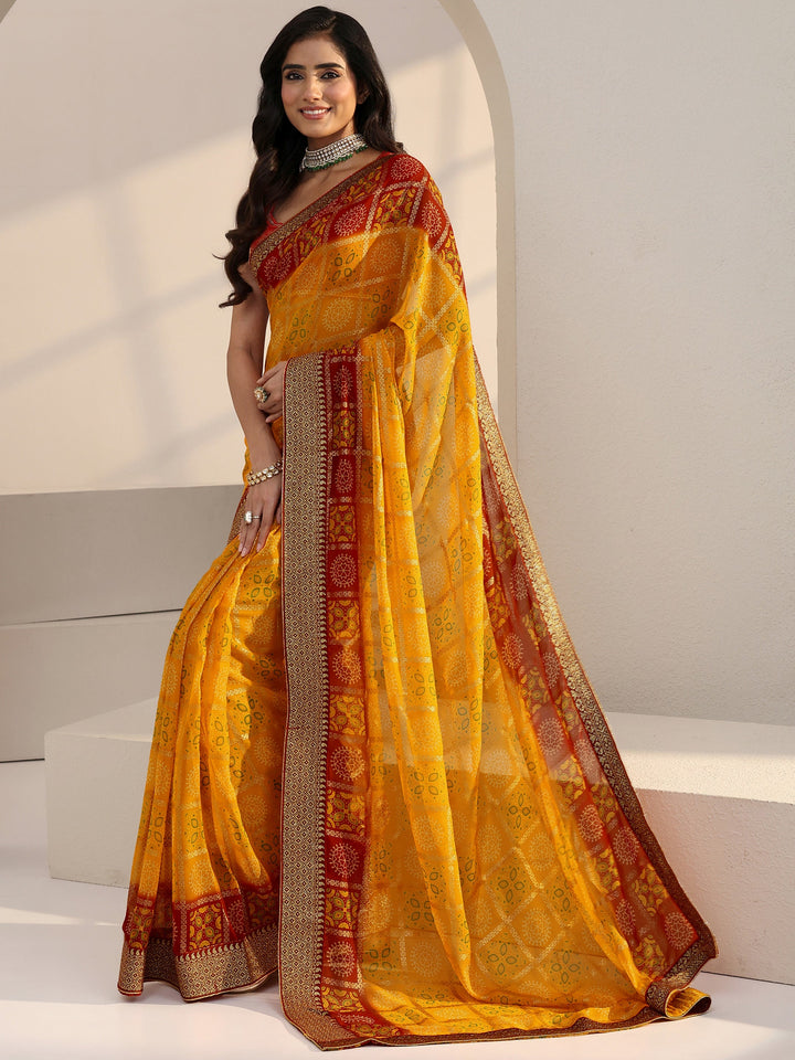 Libas Mustard Ethnic Motif Printed Georgette Pre Draped Saree