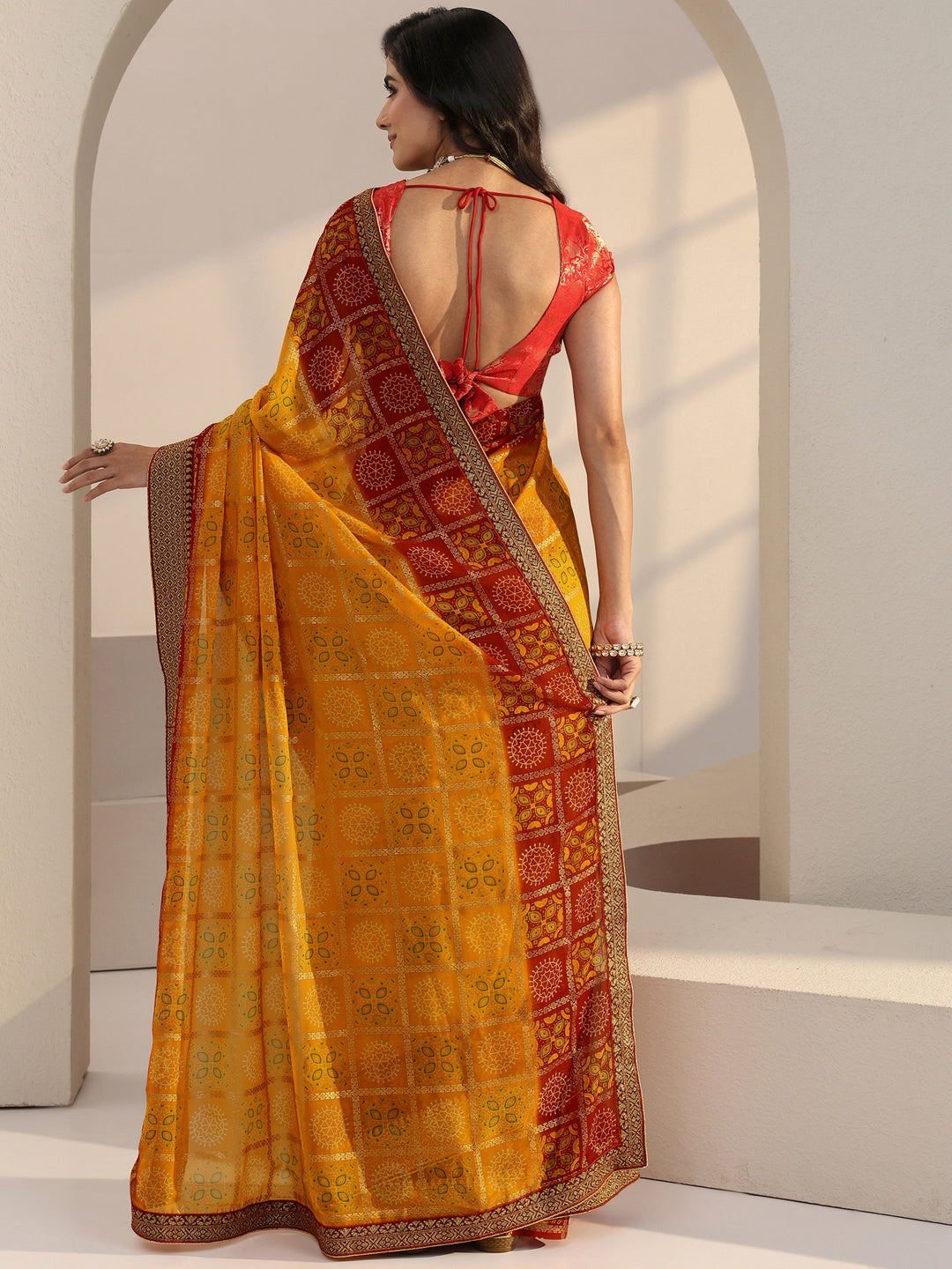 Libas Mustard Ethnic Motif Printed Georgette Pre Draped Saree