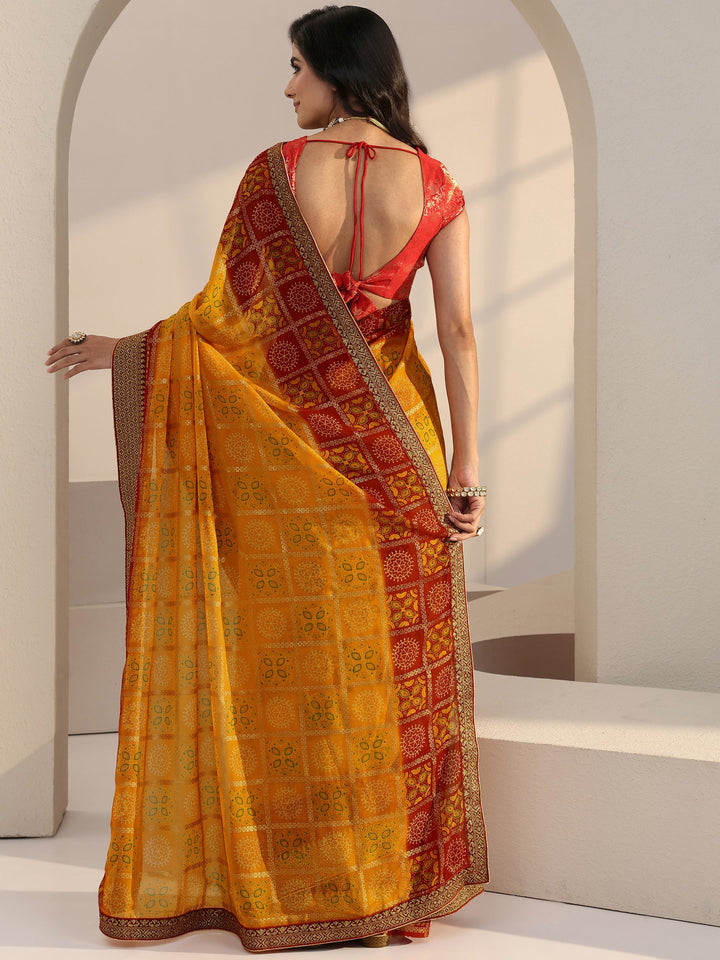 Libas Mustard Ethnic Motif Printed Georgette Pre Draped Saree