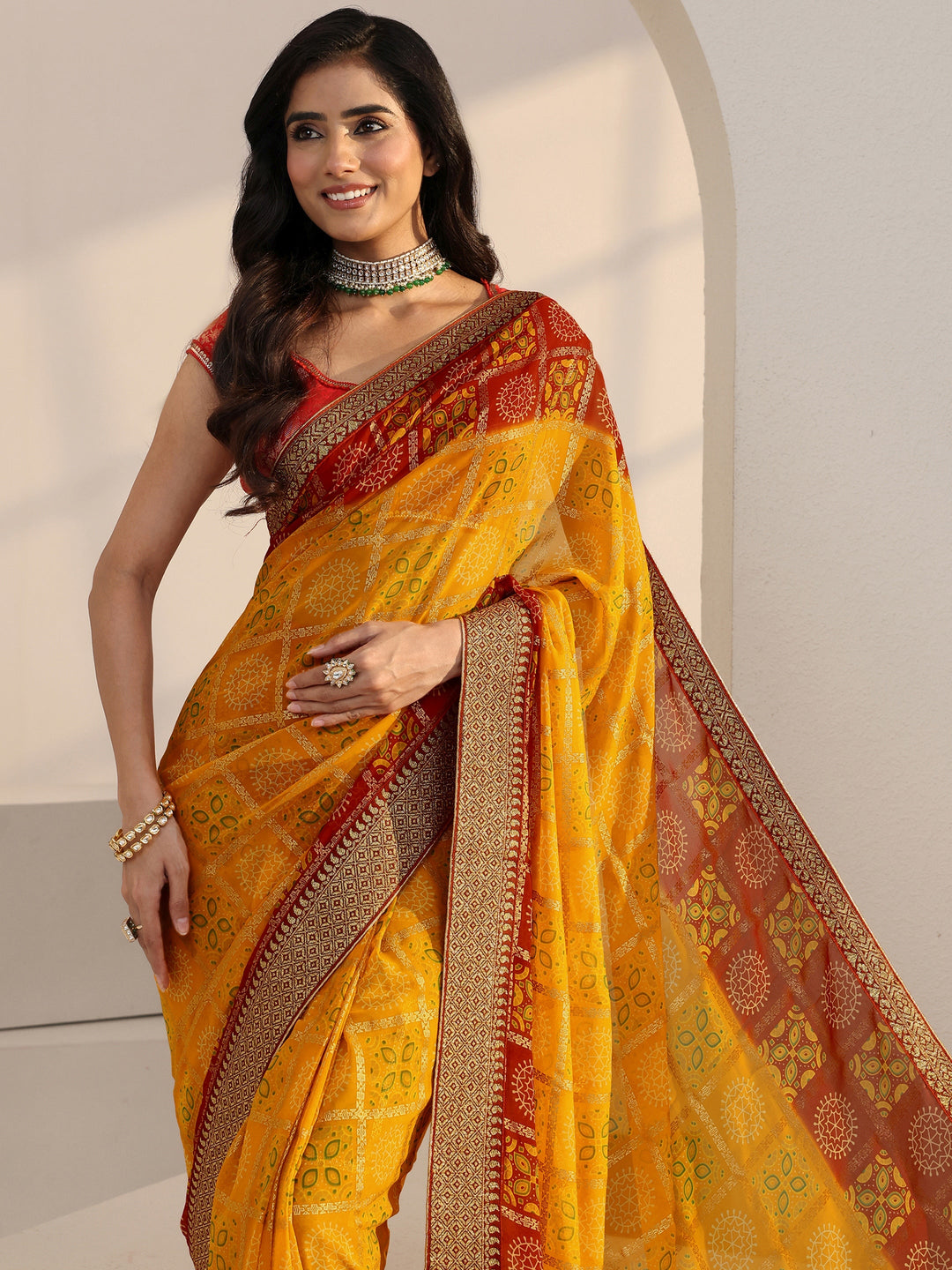 Libas Mustard Ethnic Motif Printed Georgette Pre Draped Saree