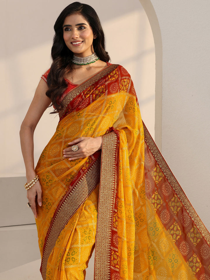 Libas Mustard Ethnic Motif Printed Georgette Pre Draped Saree