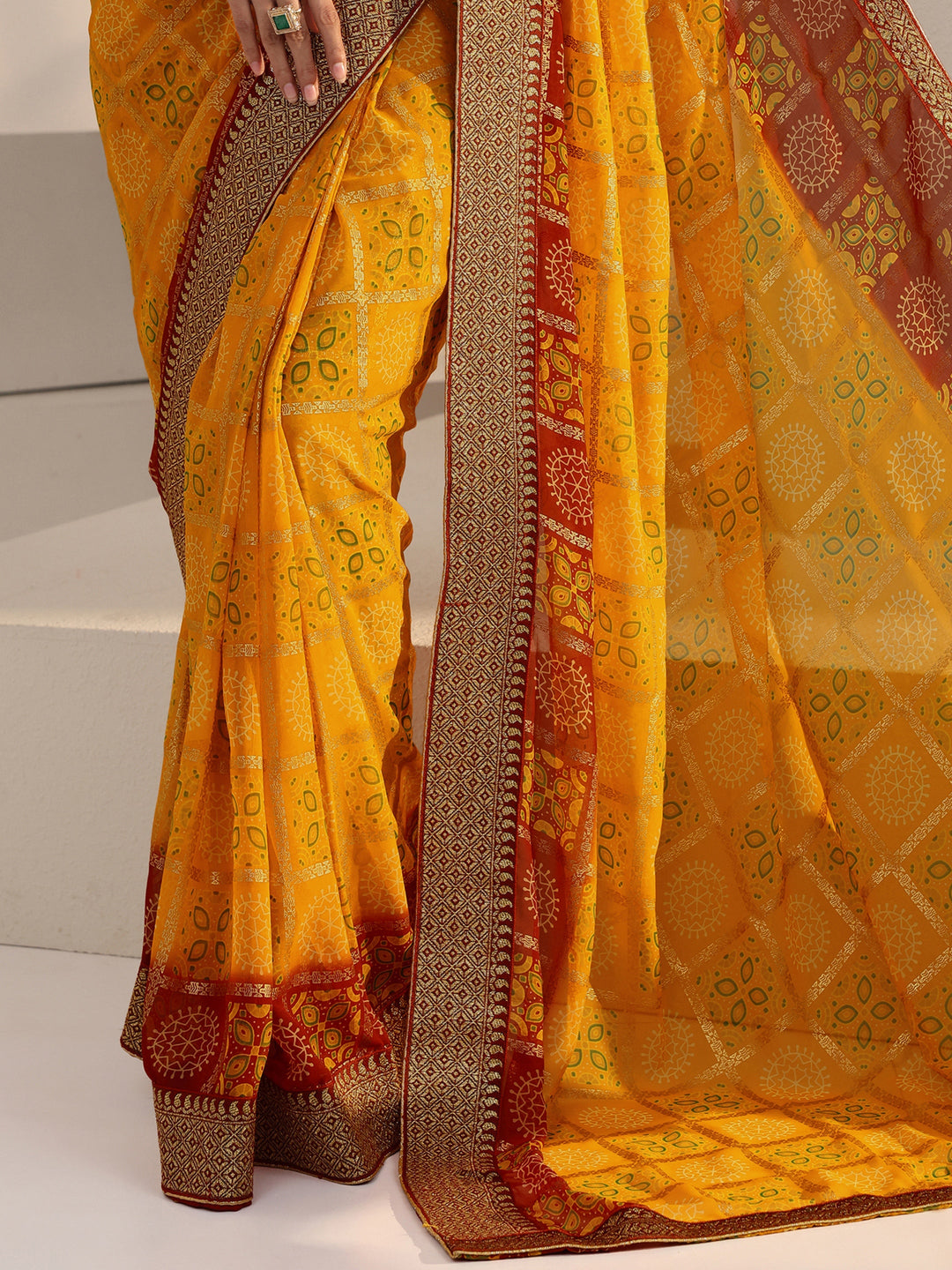 Libas Mustard Ethnic Motif Printed Georgette Pre Draped Saree
