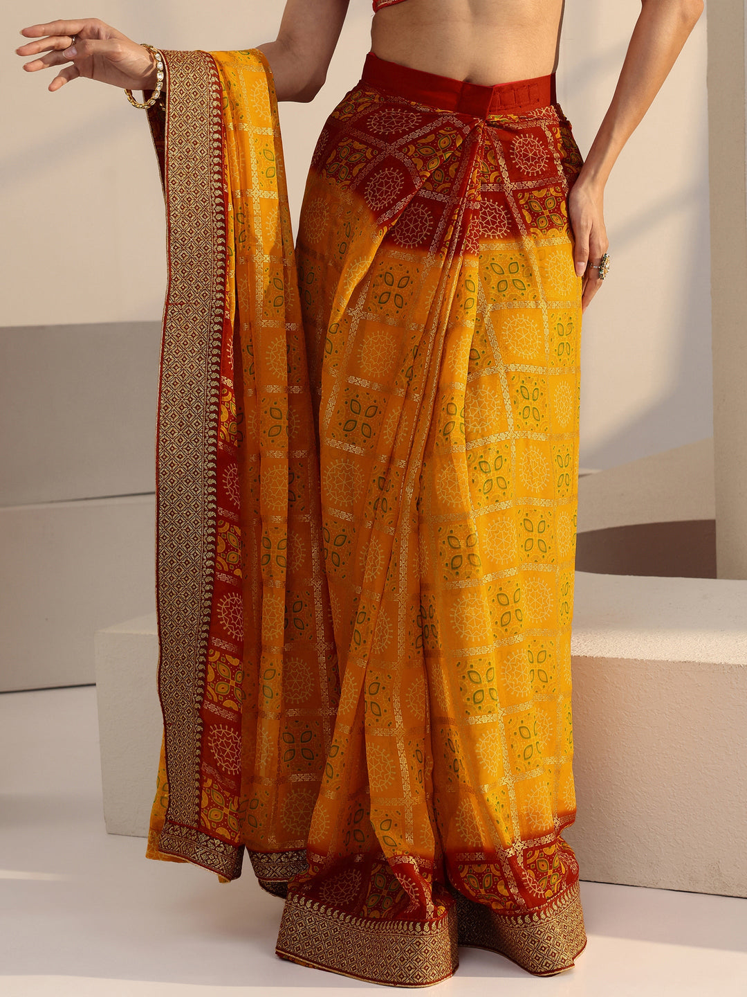 Libas Mustard Ethnic Motif Printed Georgette Pre Draped Saree