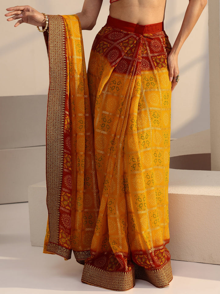 Libas Mustard Ethnic Motif Printed Georgette Pre Draped Saree