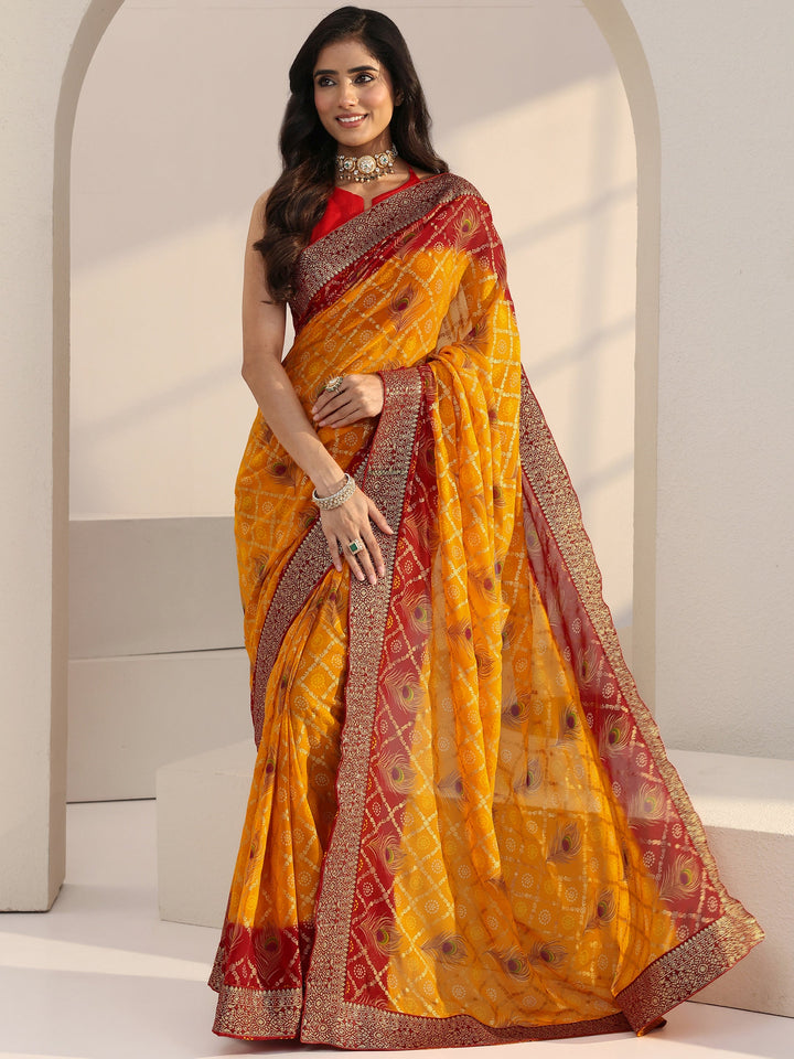 Libas Mustard Bandhani Printed Georgette Pre Draped Saree
