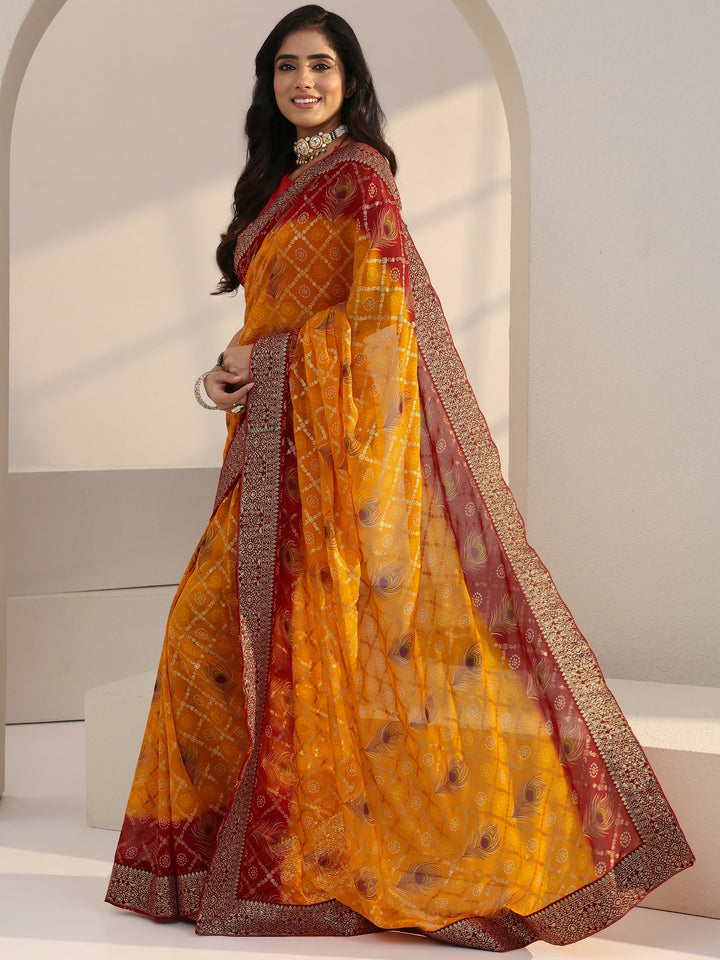 Libas Mustard Bandhani Printed Georgette Pre Draped Saree