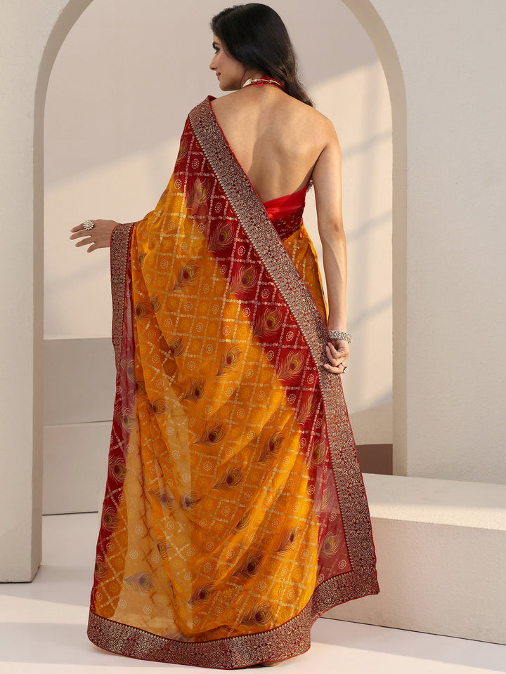 Libas Mustard Bandhani Printed Georgette Pre Draped Saree