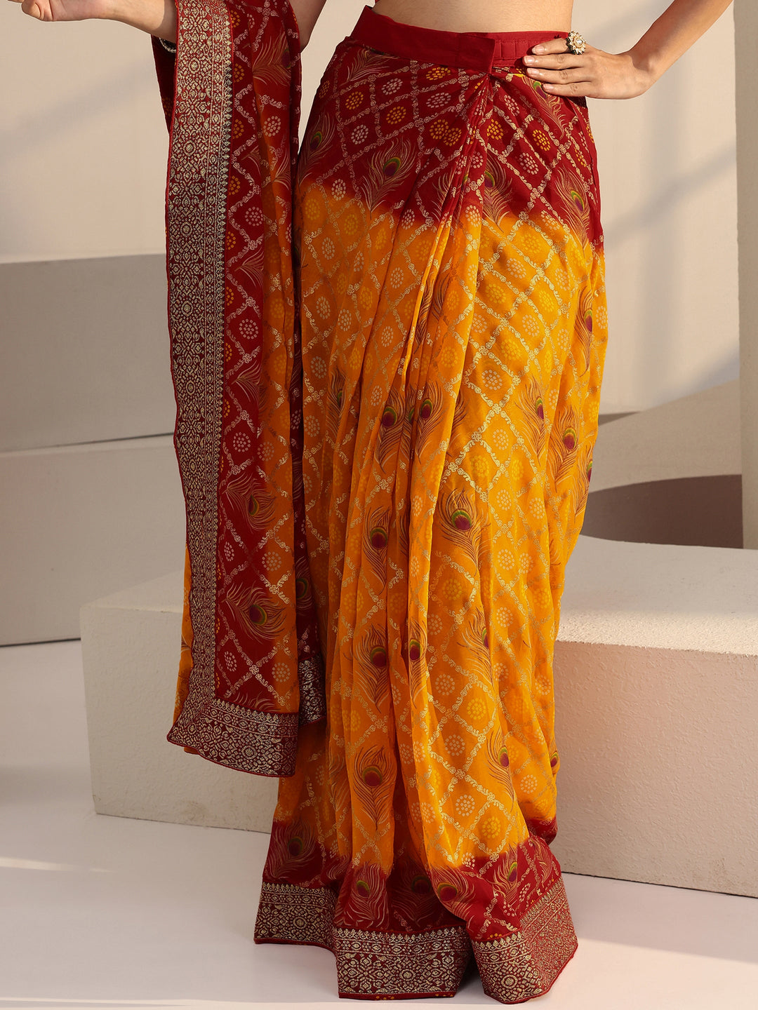 Libas Mustard Bandhani Printed Georgette Pre Draped Saree