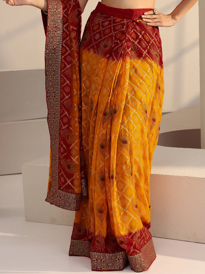 Libas Mustard Bandhani Printed Georgette Pre Draped Saree