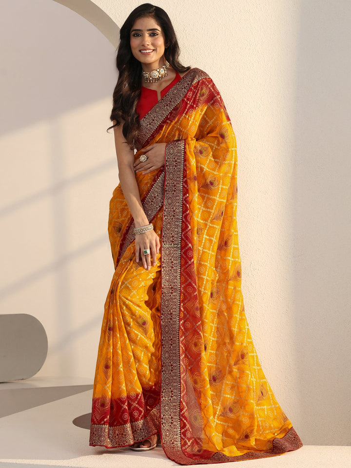 Libas Mustard Bandhani Printed Georgette Pre Draped Saree