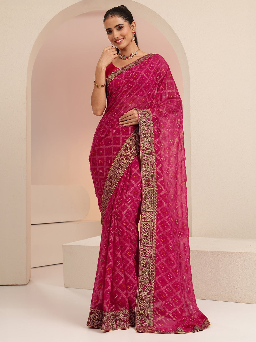 Libas Rani Pink Bandhani Printed Georgette Pre Draped Saree