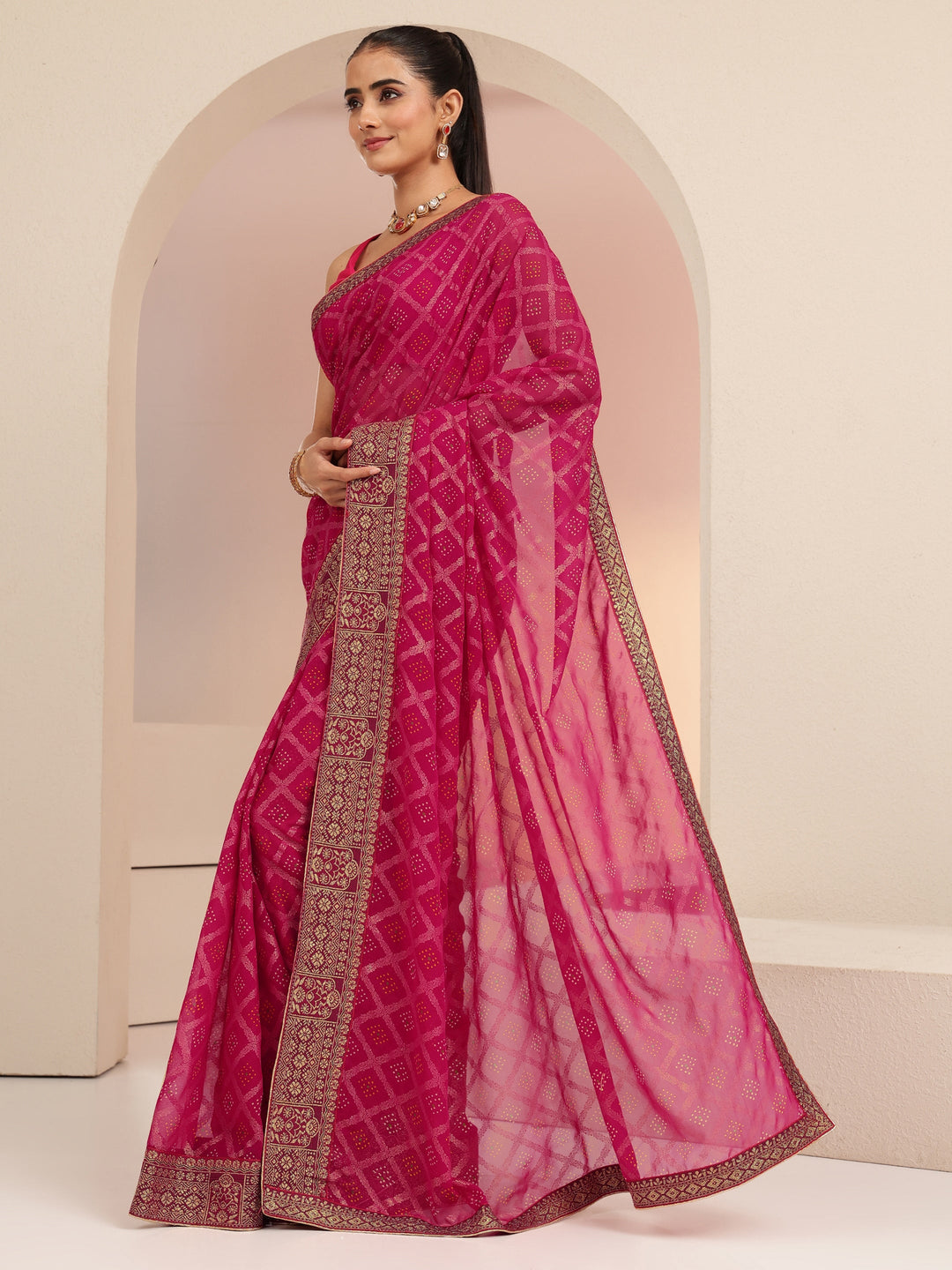 Libas Rani Pink Bandhani Printed Georgette Pre Draped Saree