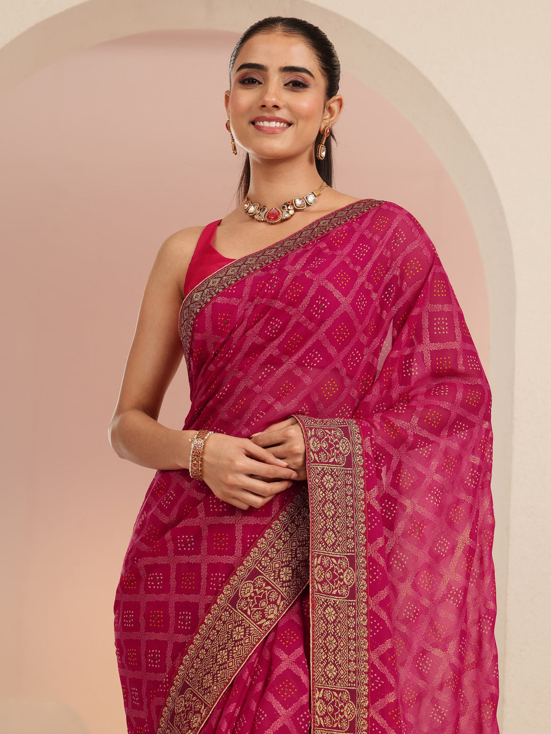Libas Rani Pink Bandhani Printed Georgette Pre Draped Saree