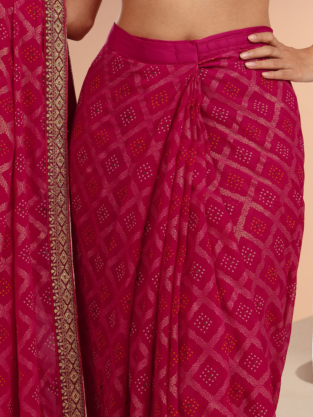 Libas Rani Pink Bandhani Printed Georgette Pre Draped Saree