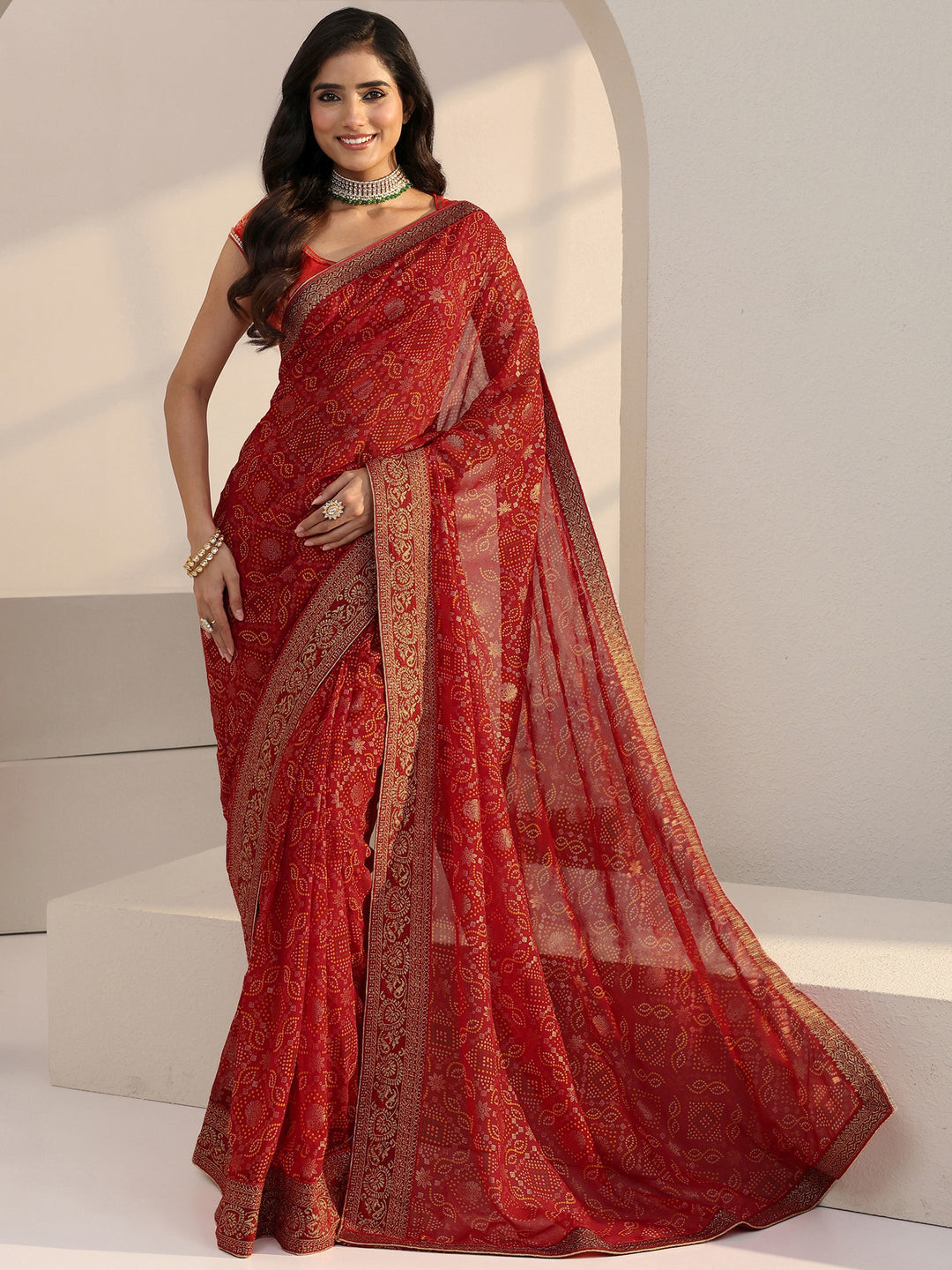 Libas Red Bandhani Printed Georgette Pre Draped Saree