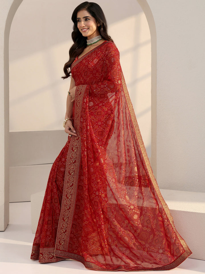 Libas Red Bandhani Printed Georgette Pre Draped Saree