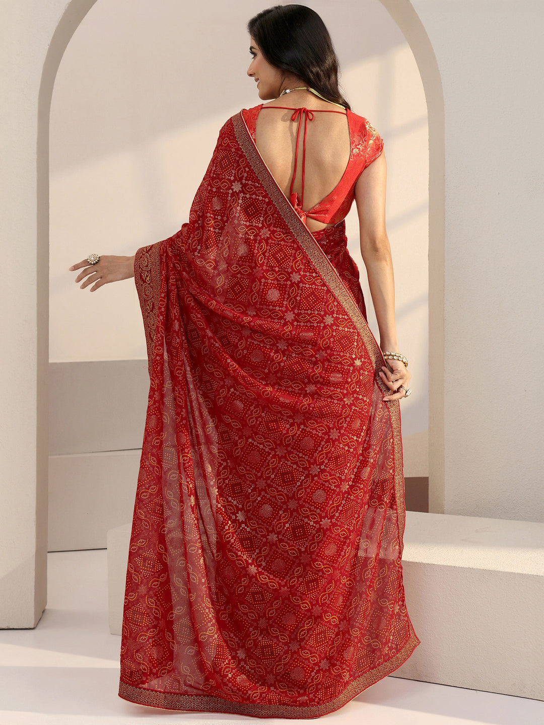 Libas Red Bandhani Printed Georgette Pre Draped Saree