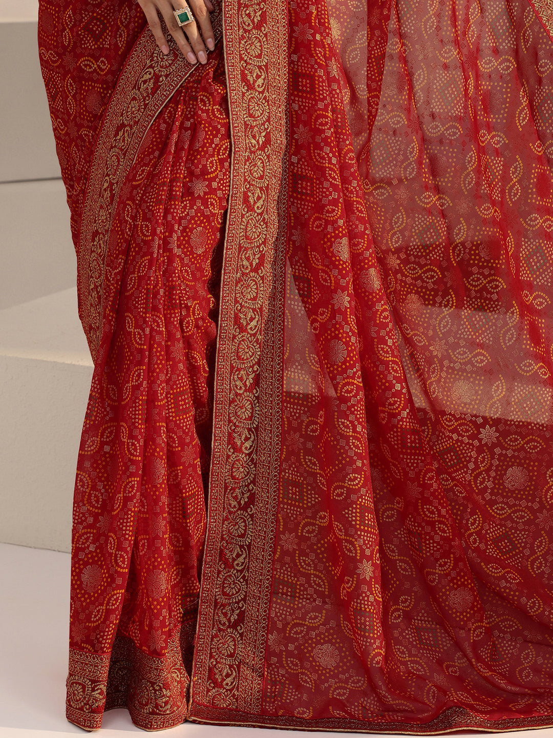 Libas Red Bandhani Printed Georgette Pre Draped Saree