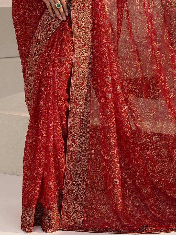 Libas Red Bandhani Printed Georgette Pre Draped Saree