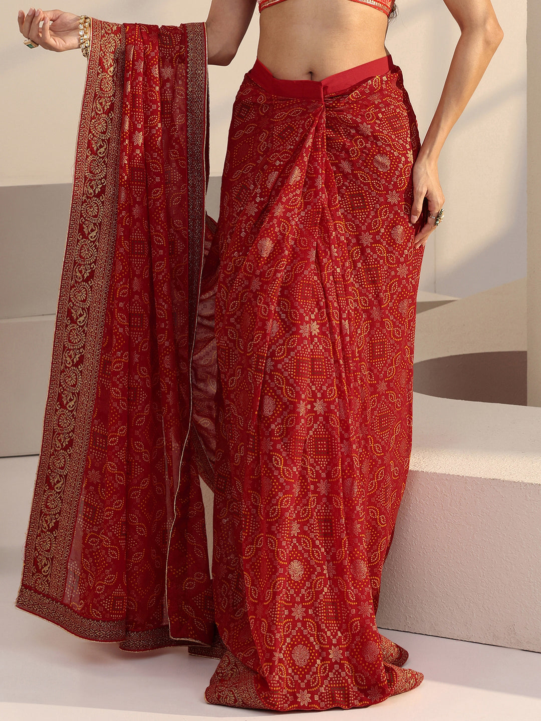 Libas Red Bandhani Printed Georgette Pre Draped Saree