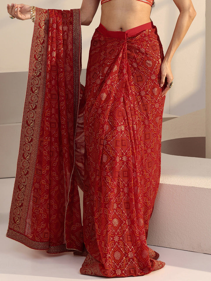 Libas Red Bandhani Printed Georgette Pre Draped Saree