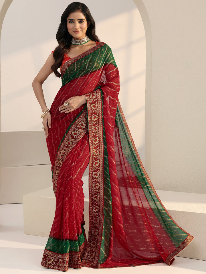 Libas Red Bandhani Printed Georgette Pre Draped Saree
