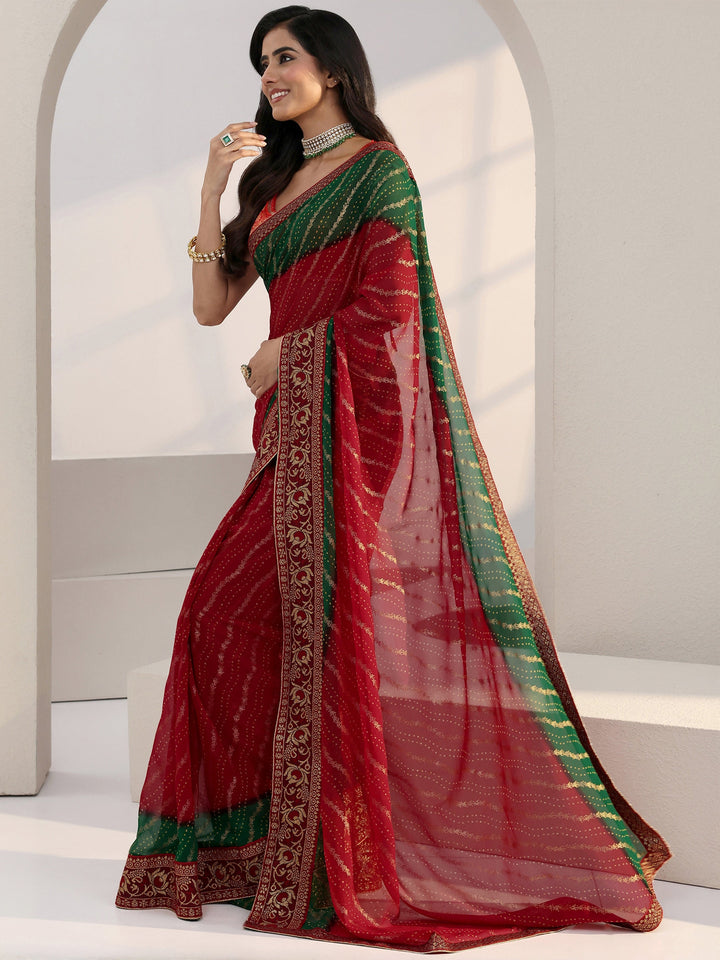Libas Red Bandhani Printed Georgette Pre Draped Saree