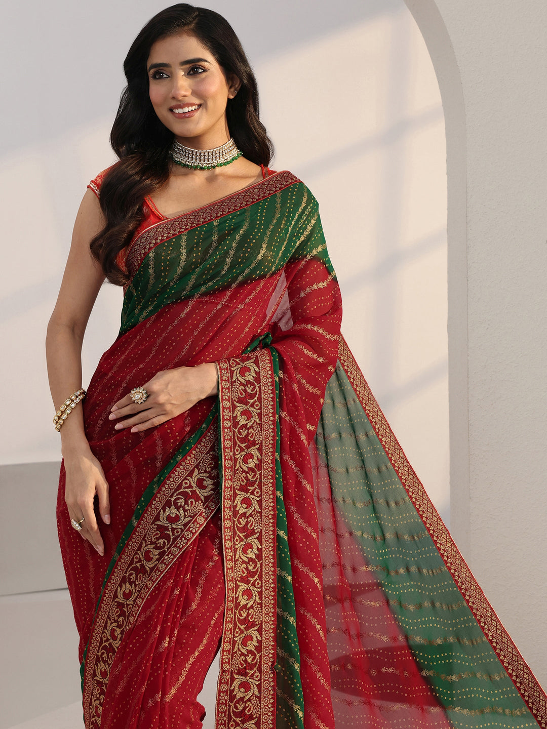 Libas Red Bandhani Printed Georgette Pre Draped Saree