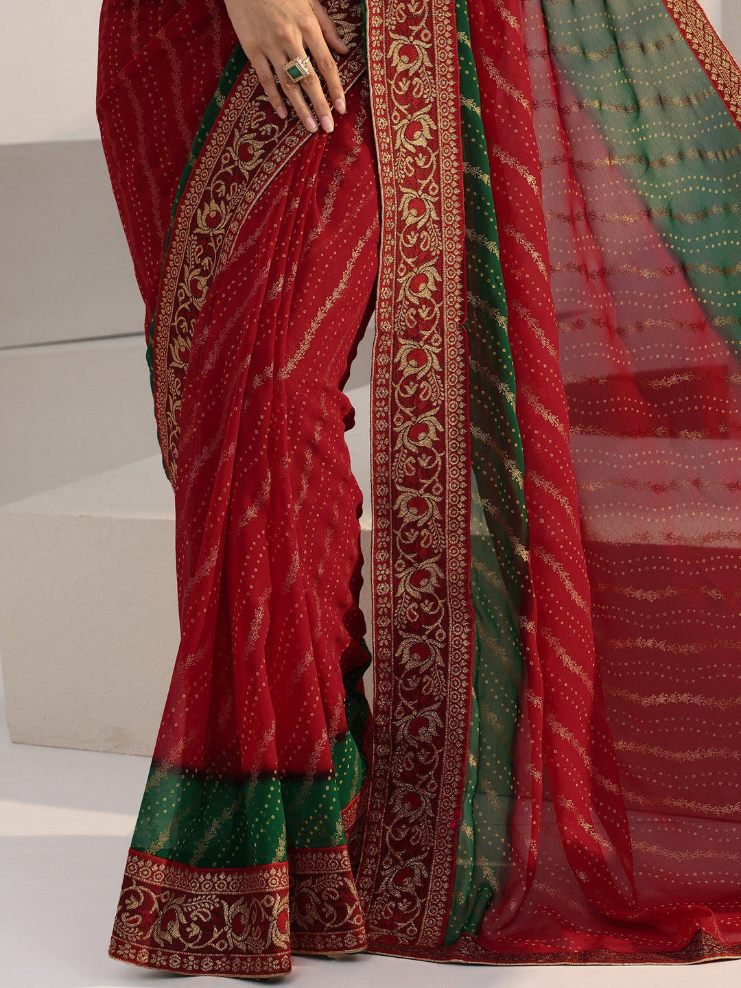 Libas Red Bandhani Printed Georgette Pre Draped Saree