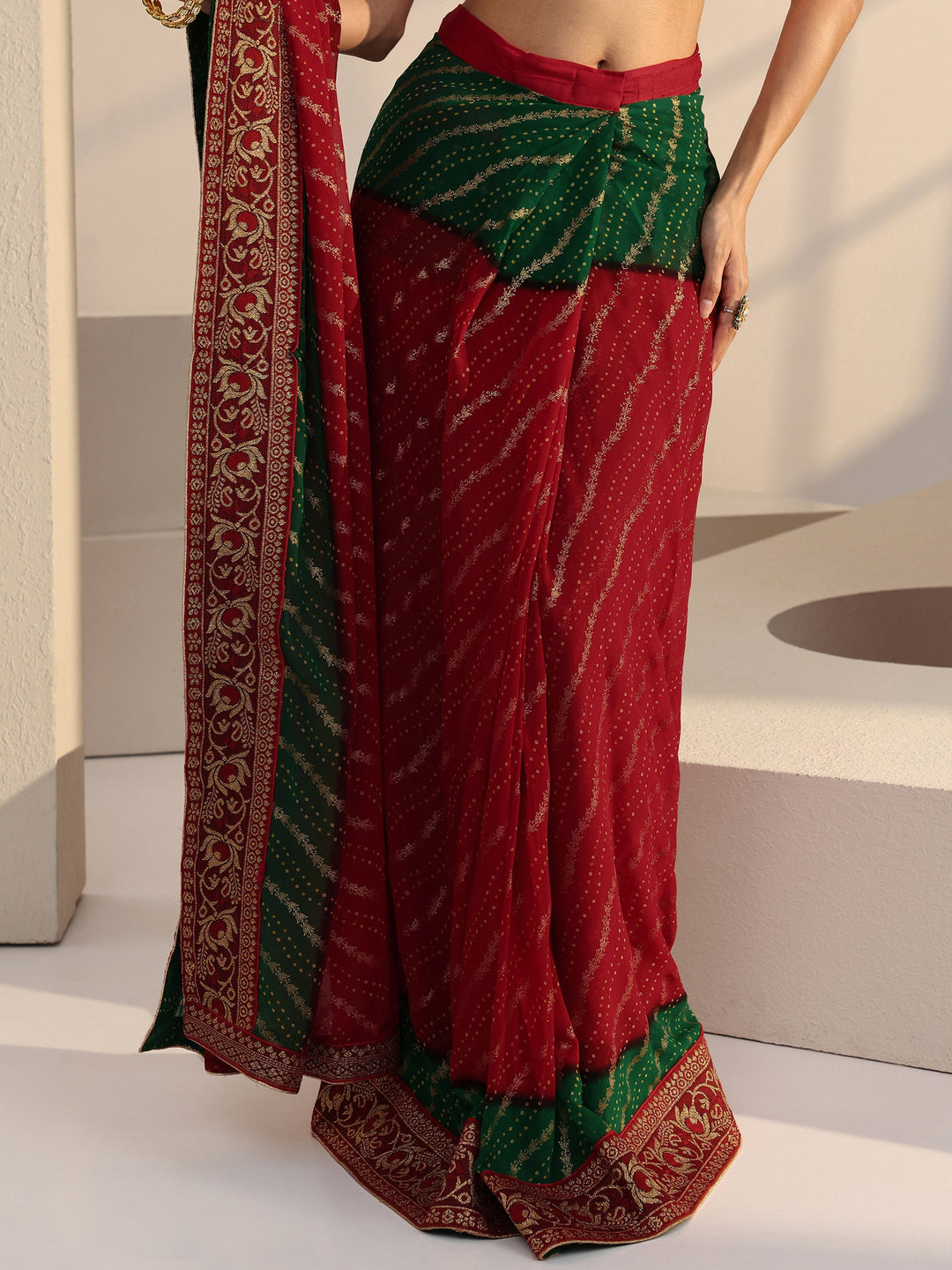 Libas Red Bandhani Printed Georgette Pre Draped Saree