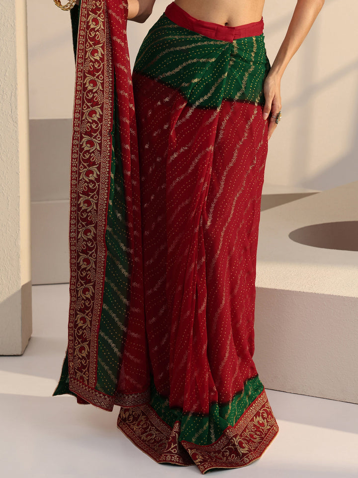 Libas Red Bandhani Printed Georgette Pre Draped Saree